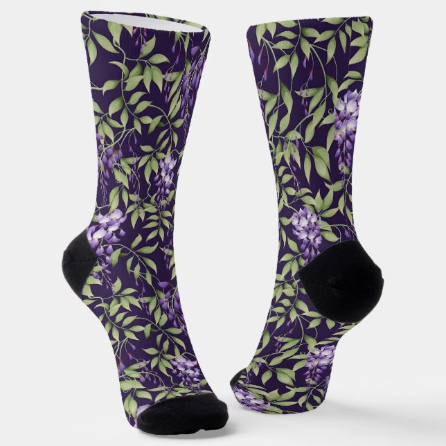  Green Leaves and Wisteria Floral Pattern Socks (Angled)