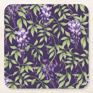 Green Leaves and Wisteria Floral Pattern Square Paper Coaster