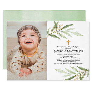 Green leaves baptism dedication greenery photo invitation