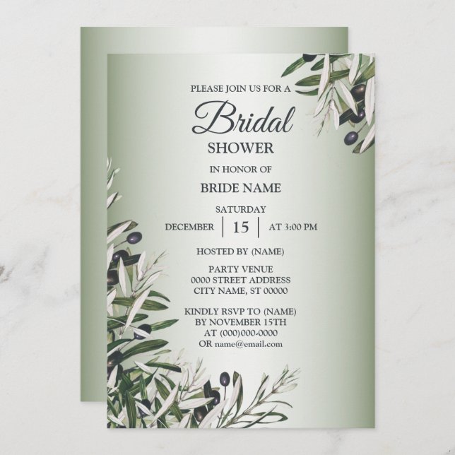 Green Leaves Black Olive Elegant Bridal Shower Invitation (Front/Back)