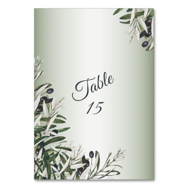 Green Leaves Black Olive Elegant Wedding Party Table Number (Front)
