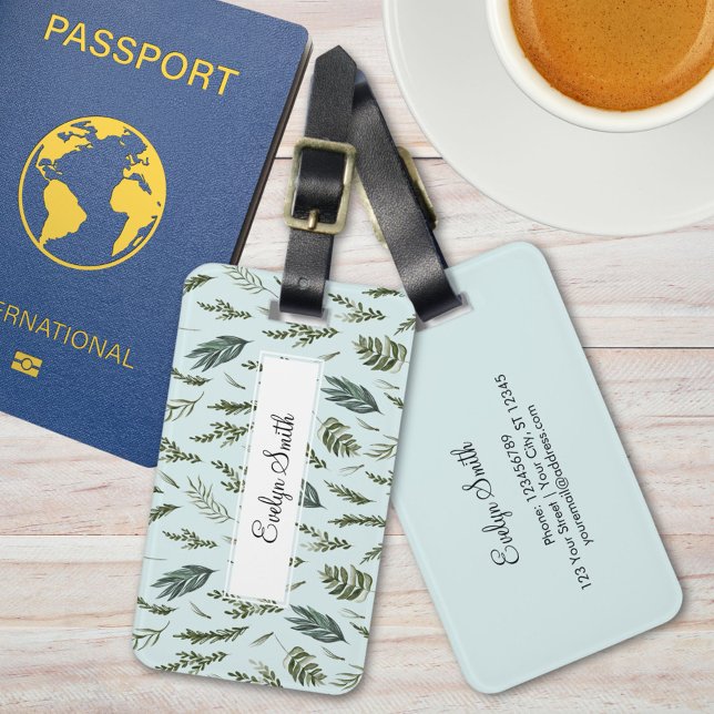 Green Leaves Botanical Pattern Luggage Tag (In situ)