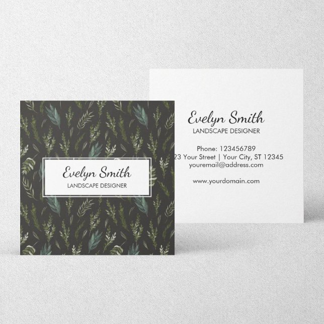 Green Leaves Botanical Pattern Square Business Card (Front and Back Side)