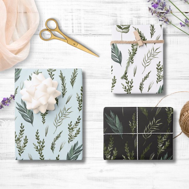 Green Leaves Botanical Pattern Wrapping Paper Sheet (In situ)