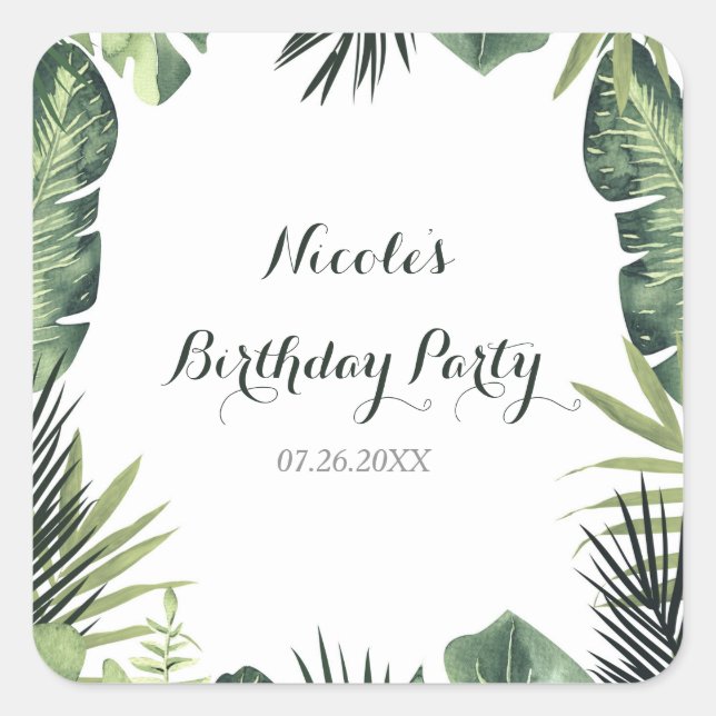 Green Leaves Botanical Tropical Plants Wedding Square Sticker (Front)