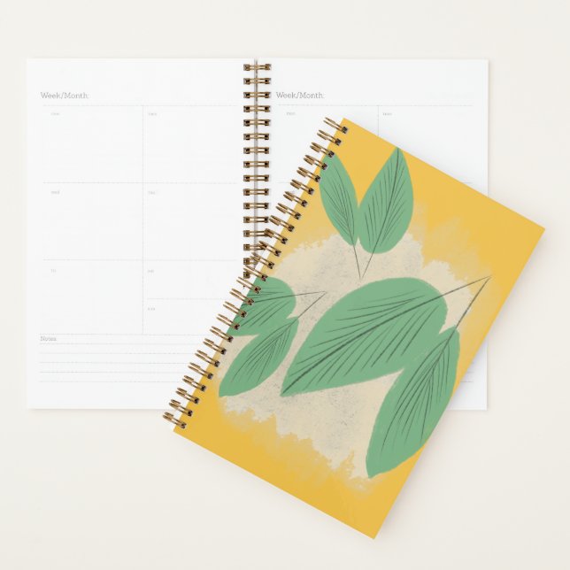 Green Leaves Concrete Background Yellow Planner (Display)