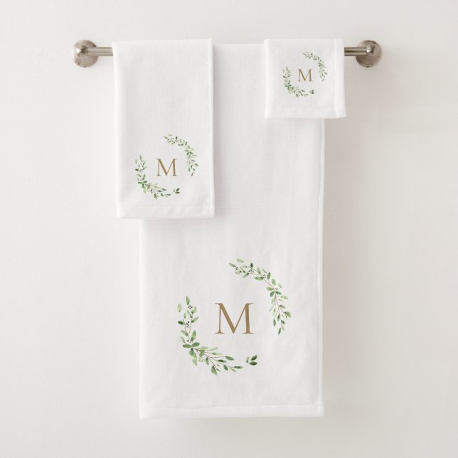 Green leaves Crest Gold Monogram Bath Towel Set (Insitu)
