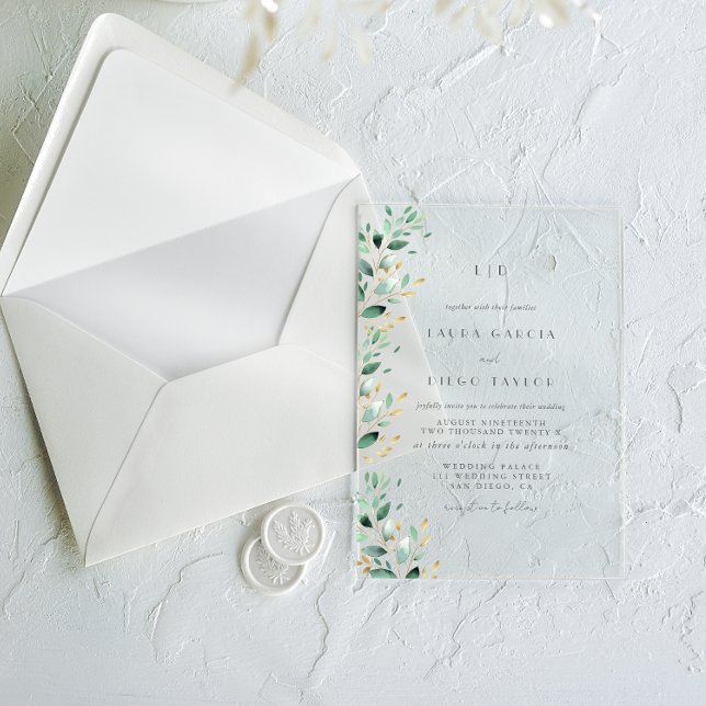 Green Leaves Elegant Monogram Wedding Acrylic Invitations (Creator Uploaded)