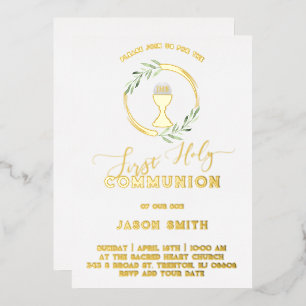 green leaves First Holy Communion Foil Invitation