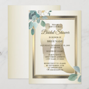 Green Leaves Flower Golden Bridal Shower Party Invitation