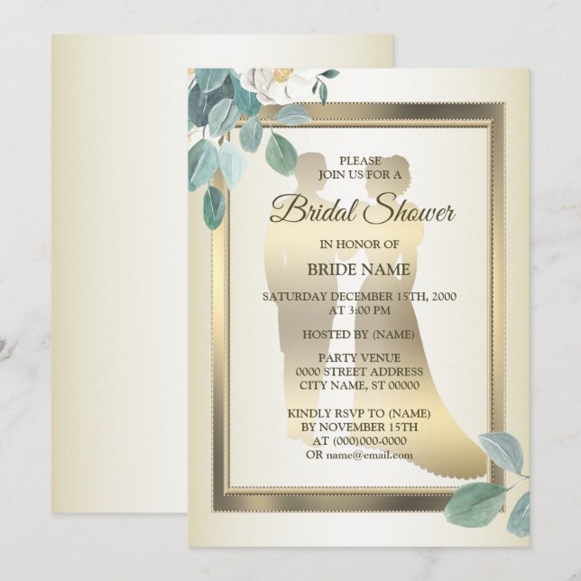 Green Leaves Flower Golden Bridal Shower Party Invitation (Front/Back)
