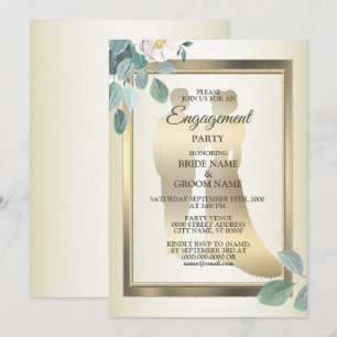 Green Leaves Flower Golden Frame Engagement Party Invitation