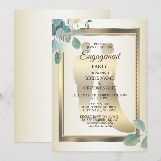 Green Leaves Flower Golden Frame Engagement Party Invitation (Front/Back)