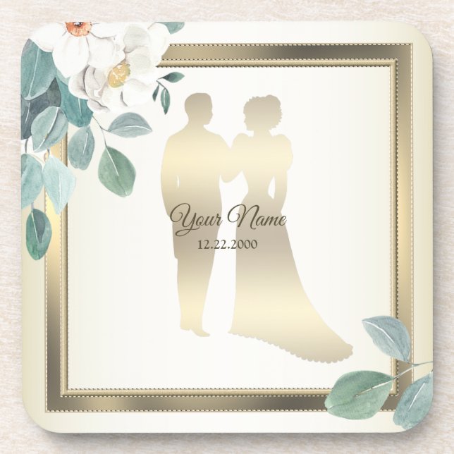 Green Leaves Flower Golden Frame Wedding Party Coaster (Front)