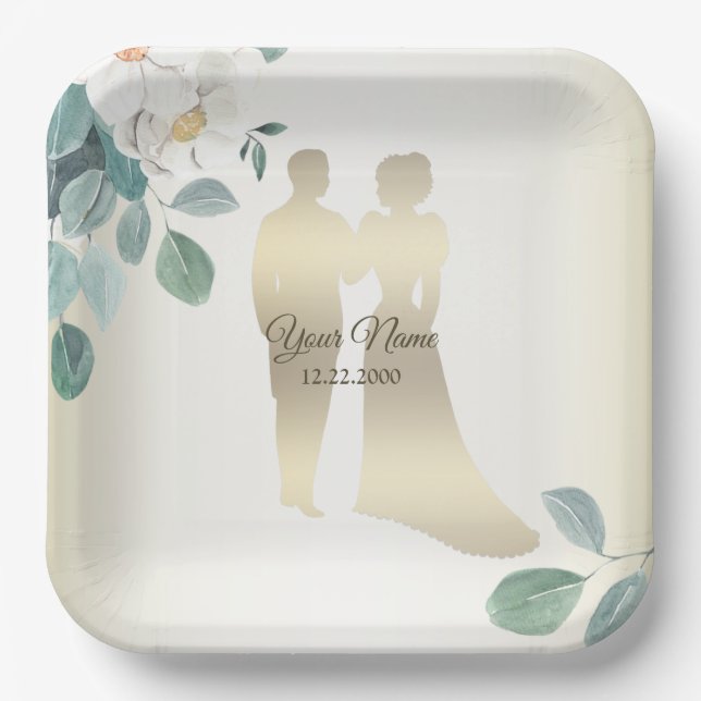 Green Leaves Flower Golden Frame Wedding Party Paper Plate (Front)