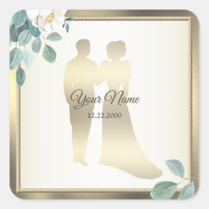 Green Leaves Flower Golden Frame Wedding Party Square Sticker