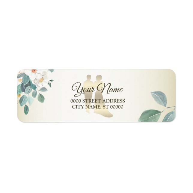 Green Leaves Flower Golden Wedding Return Address Label (Front)