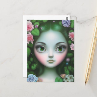 Green Leaves & Flowers Forest Girl Postcard