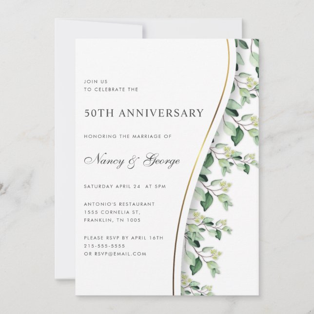 Green Leaves Foliage 50th Wedding Anniversary Invitation (Front)