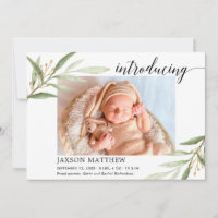 Green leaves gender neutral birth announcement