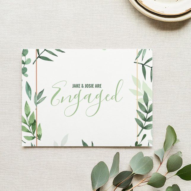 Green leaves, gold border, engaged party announcement (Green Leaves Engaged Announcement Party Card. Elegant watercolor style green foliage)