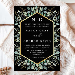 Green Leaves Gold Border Monogram Black Wedding Invitation