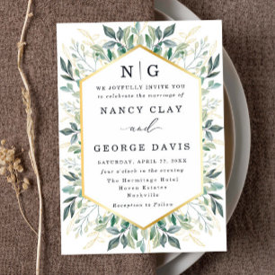 Green Leaves Gold Border Monogram Wedding Invitation