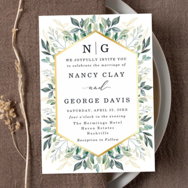 Green Leaves Gold Border Monogram Wedding Invitation (Creator Uploaded)