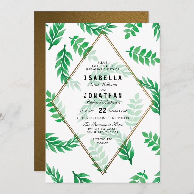 Green Leaves | Gold Floral Engagement Party Invitation (Front/Back)