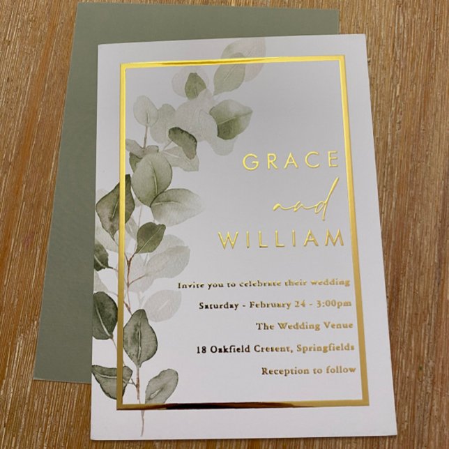 Green Leaves Gold Foil Border Modern Wedding (Creator Uploaded)