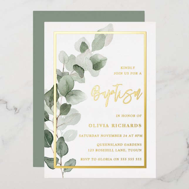 Green Leaves Gold Foil Boy or Girl Baptism (Front/Back)