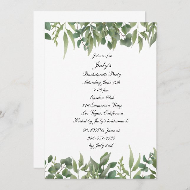 Green Leaves Greenery Foliage Bachelorette Party Invitation (Front/Back)
