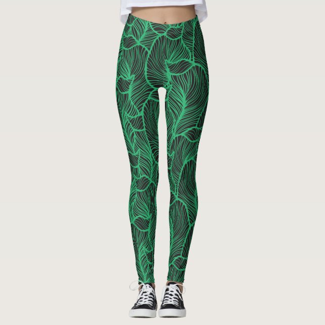 green leaves illustration pattern leggings (Front)