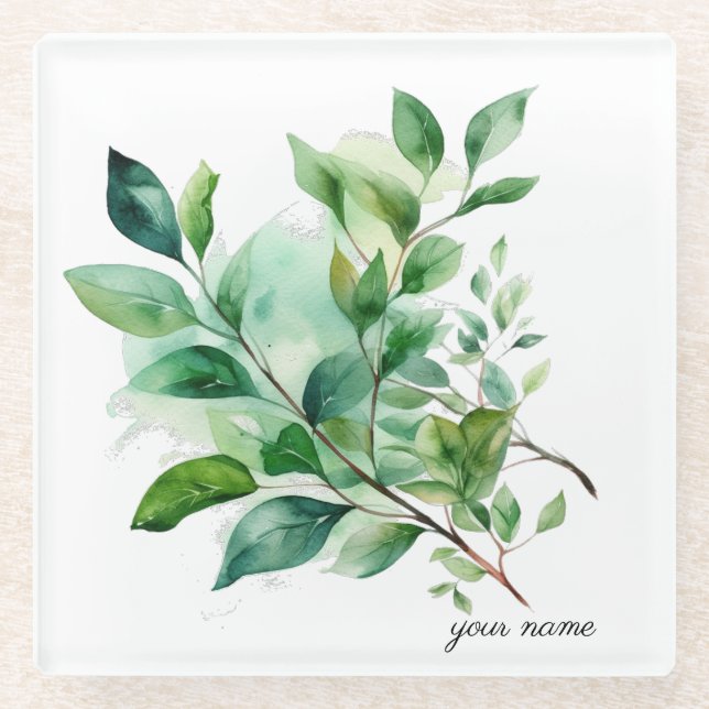 Green Leaves in watercolor Coaster (Front)