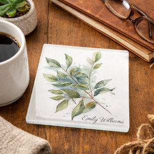 Green Leaves in watercolor too Coaster