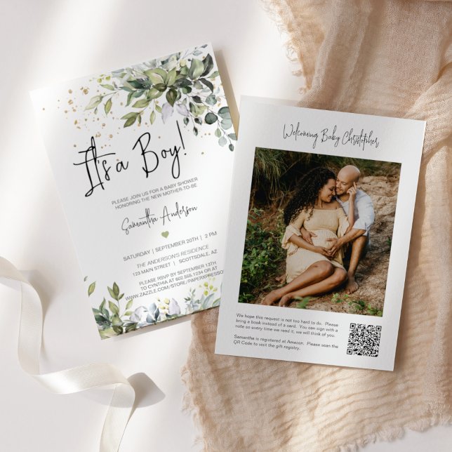 Green Leaves It's a Boy Baby Shower QR Code Photo Invitation (Creator Uploaded)