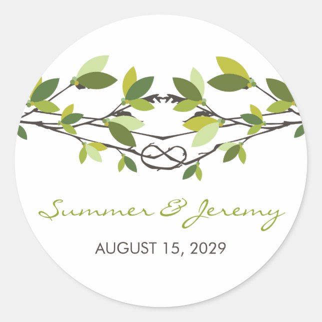 Green Leaves Knotted Love Trees Summer Wedding Classic Round Sticker (Front)