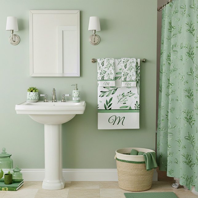 Green leaves  monogram bath towel set (Creator Uploaded)