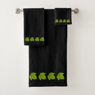 Green Leaves on Black Bath Towel Set