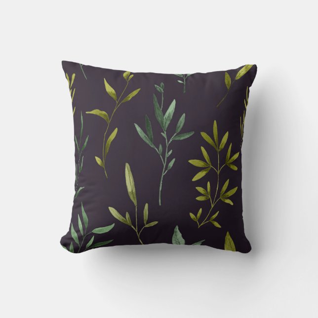 Green leaves on black reversible cushion (Front)