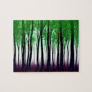 Green Leaves on Black Silhouette Trees Jigsaw Puzzle