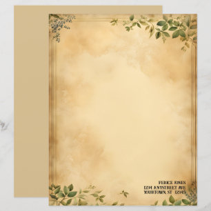 Green Leaves on Old Parchment Stationery Paper