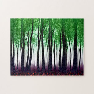 Green Leaves on Silhouette Trees on Purple Ground Jigsaw Puzzle