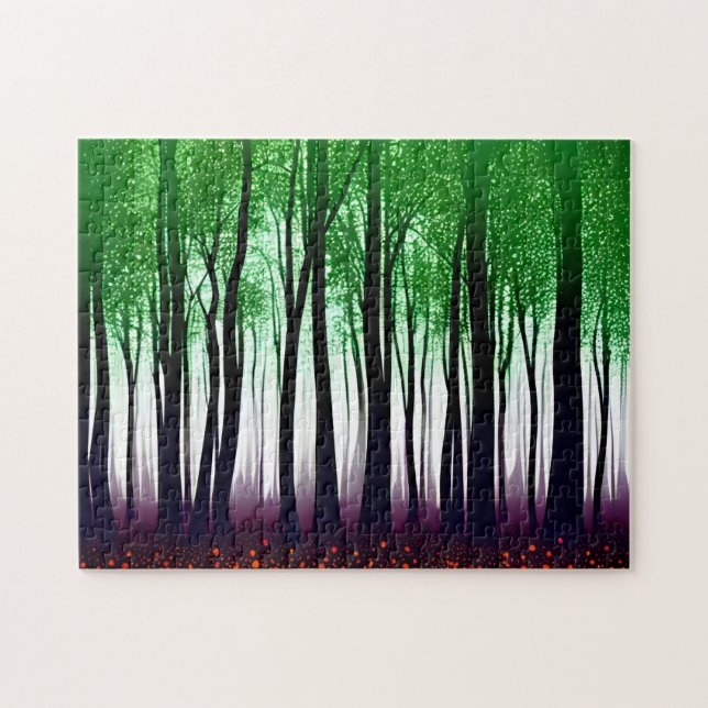 Green Leaves on Silhouette Trees on Purple Ground Jigsaw Puzzle (Horizontal)