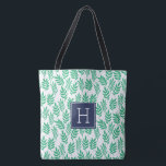 Green Leaves Pattern and Blue Monogram Tote Bag<br><div class="desc">Stylish and chic stripes and monogram design in trendy and fashionable colours.</div>
