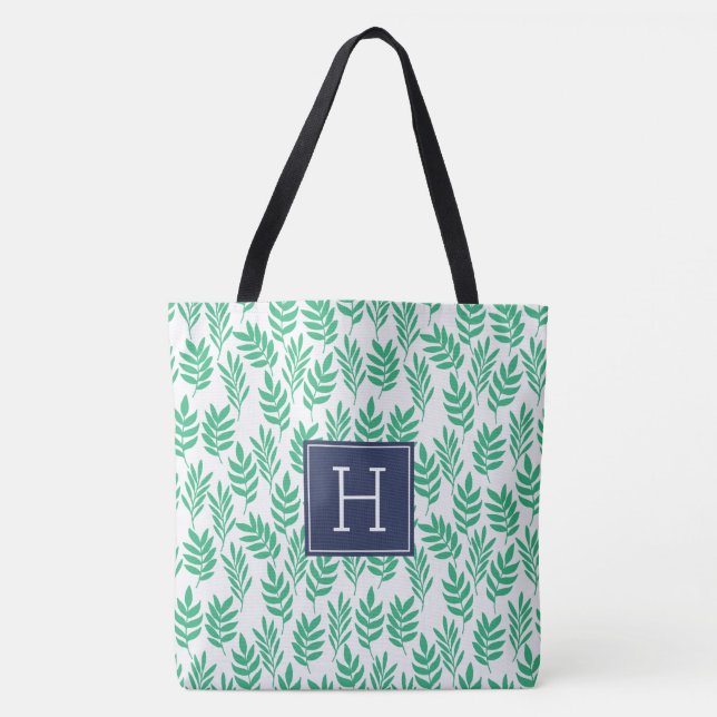 Green Leaves Pattern and Blue Monogram Tote Bag (Front)