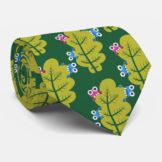 Green Leaves Pattern Cartoon Bugs Fun Spring Tie (Rolled)