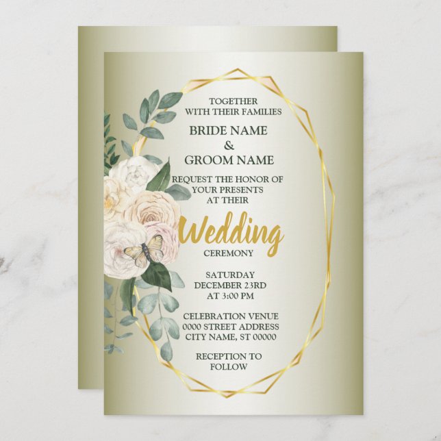 Green Leaves Pink Floral Golden Geometric Wedding Invitation (Front/Back)