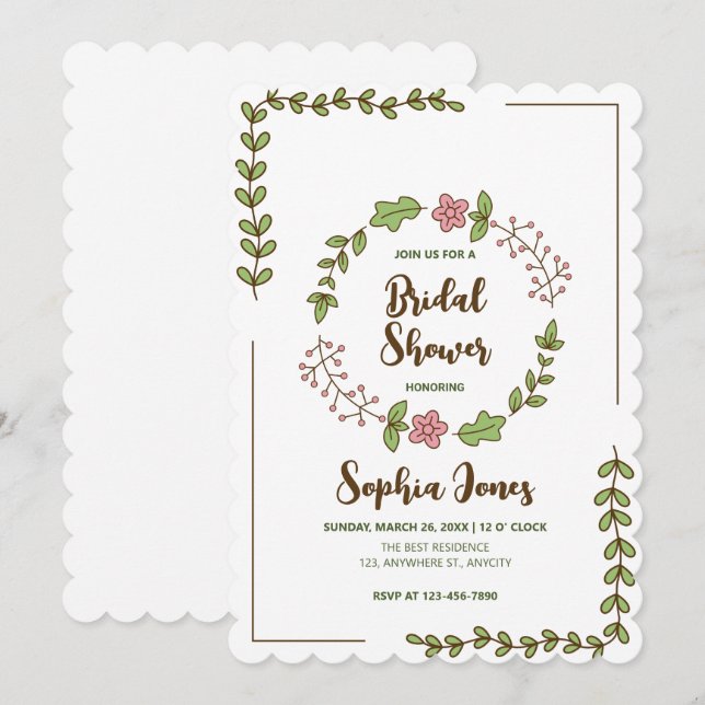 Green Leaves Pink Flower Bridal Shower Invitation (Front/Back)