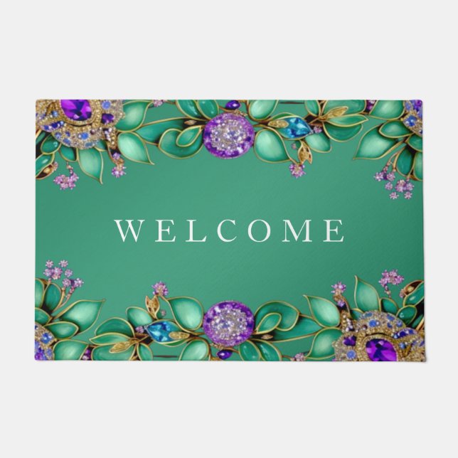 Green Leaves Purple Gemstones Doormat (Front)